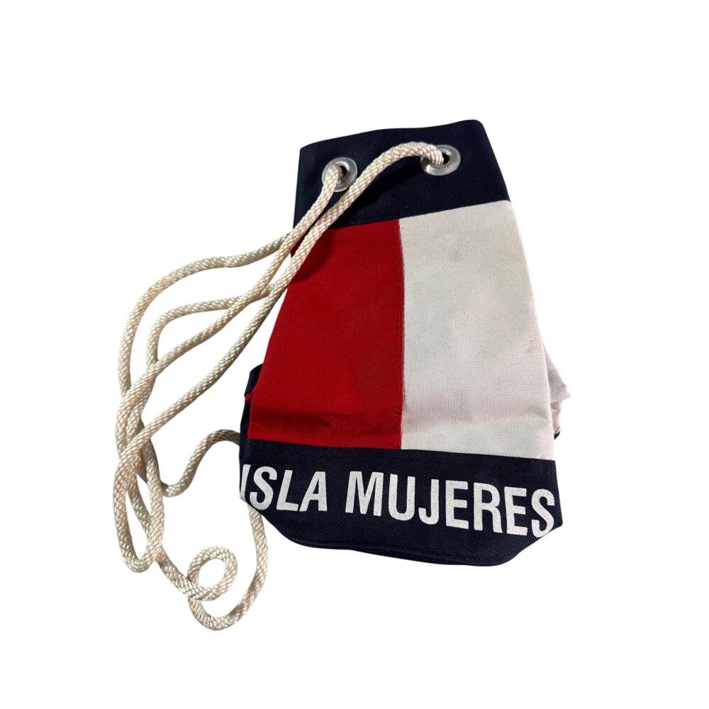Artex Isla Mujeres Mexico Drawstring Bucket Bag Navy Red White Nautical Beach